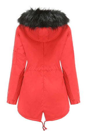 Red fur collar fleece coat with hood and adjustable hem back view