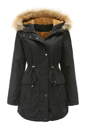 Black large hooded velvet coat with faux fur trim, adjustable zipper, and warm cotton velvet material.