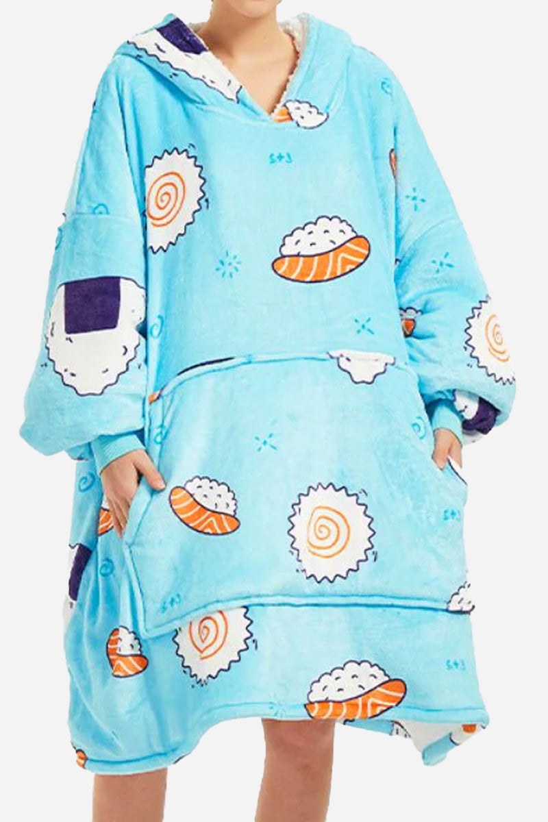 Snuggly oversized hooded fleece sweater with cartoon sushi print, soft warm flannel sherpa material, and front pocket