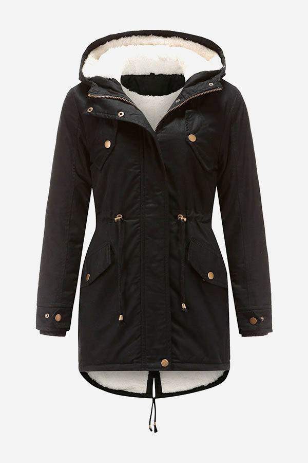 Black extra comfortable cotton parka coat with fluffy lined hood and metal zipper