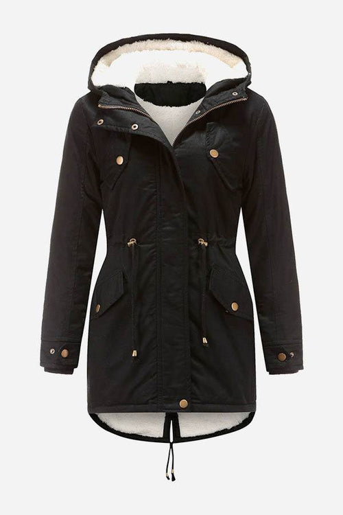 Black extra comfortable cotton parka coat with fluffy lined hood and metal zipper