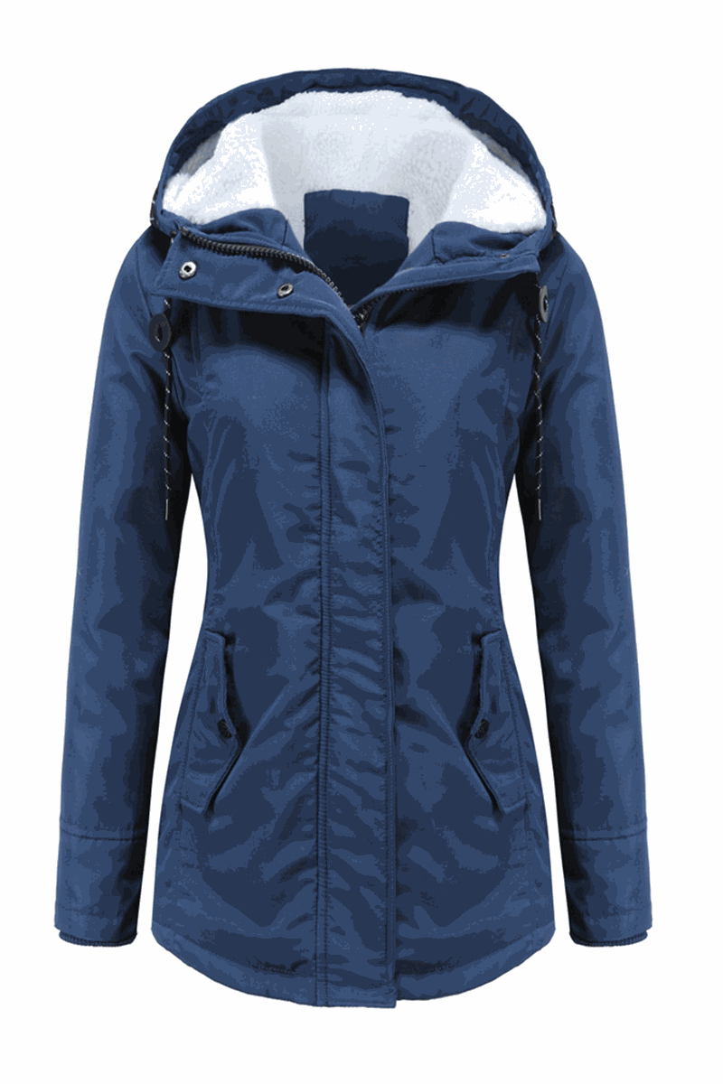 Women's navy casual hooded velvet coat with windproof hood, water-resistant surface, and hidden pockets
