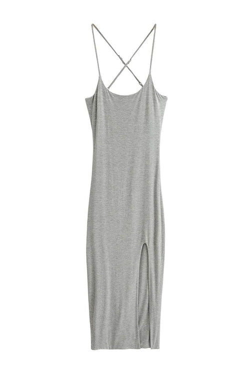 gray elegant side slit midi dress with crisscross straps and flattering silhouette