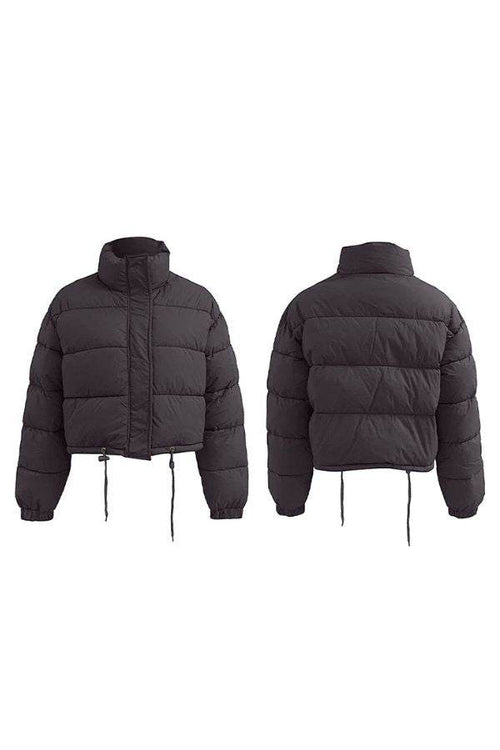 Black sleek cropped puffer jacket front and back view with high collar and adjustable drawstrings