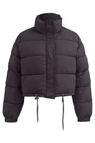 Black cropped puffer jacket with high collar and drawstring hem, lightweight and warm winter outerwear