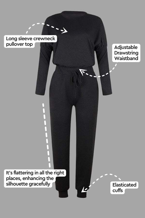 Cozy Chic Two-Piece Sweatsuit set with long sleeve crewneck top and adjustable drawstring waistband pants in black