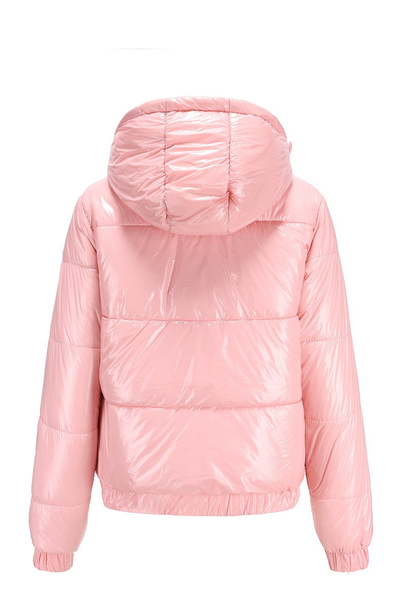 Pink reflective anti-splash slim fit puffer jacket with undetachable hood and hand pockets, water-resistant polyester winter coat