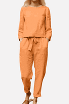100 cotton linen orange two-piece women's lounge set with long sleeves and tie-waist pants