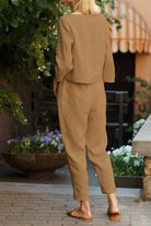 Retro monochrome linen two-piece set in breathable cotton blend with relaxed fit and long sleeves.