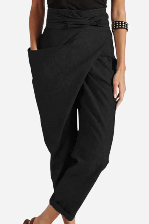 Black high-waist wrapped pants with loose fit and side pocket for comfortable stylish wear
