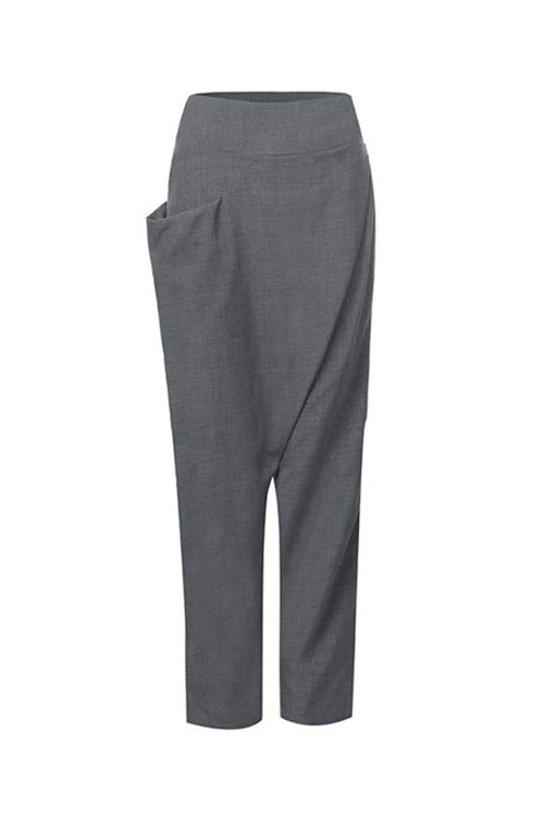 Gray high-waist wrapped pants with loose fit and side pocket for comfort and style