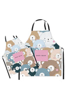 Matching Mommy & Me Apron Set with cartoon bear pattern, oil-proof cotton linen, and convenient pockets for kitchen bonding