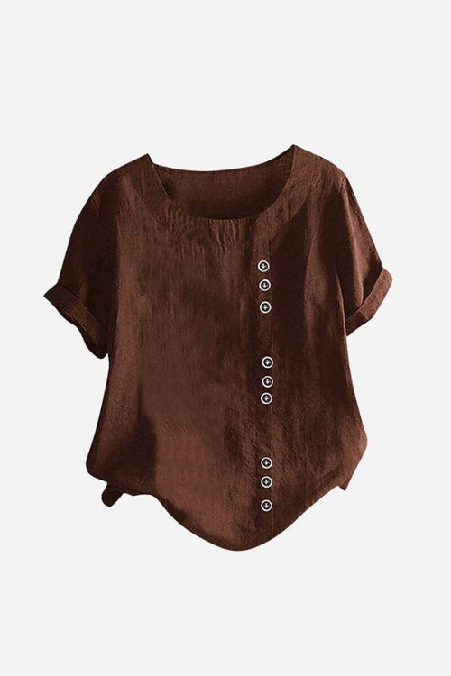 Brown relaxed fit linen button-up tee with short sleeves and round neck