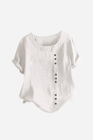 White relaxed fit linen button-up tee with short sleeves and stylish buttons
