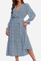 Blue floral Bloom Wrap Midi Dress with long trumpet sleeves and A-line silhouette