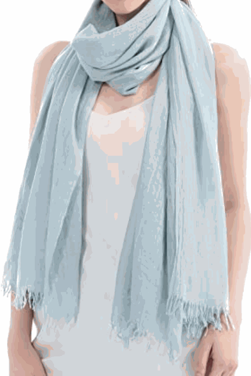 Light blue eco-linen Color-POP Scarf, warm and breathable all-weather accessory with fringed edges