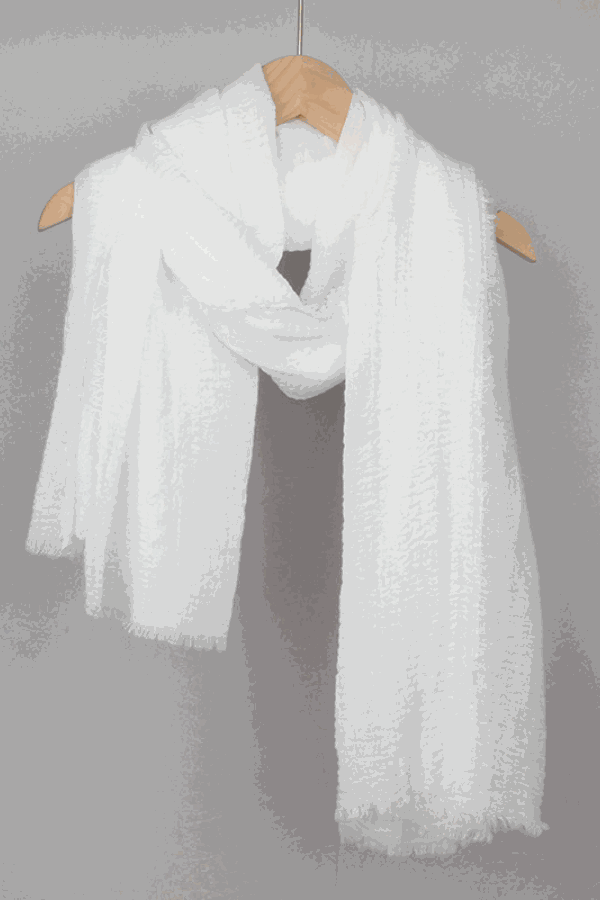 White linen Color-POP scarf hanging on wooden hanger, lightweight and warm eco-friendly fabric