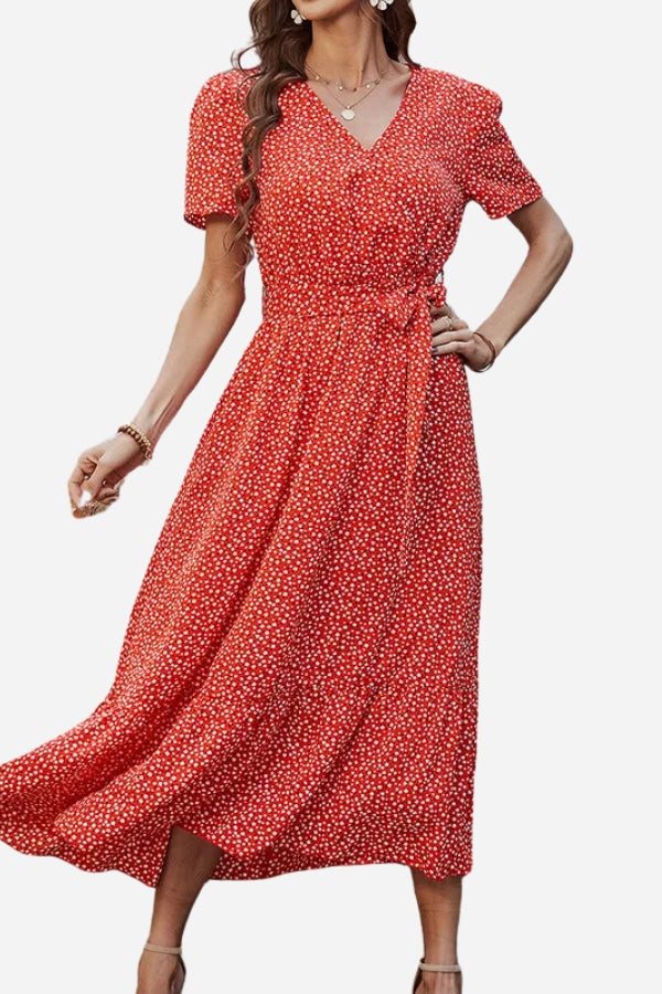 red charming floral boho maxi dress with wrap V-neck, short sleeves, adjustable belt, and ruffle hem made of chiffon polyester material