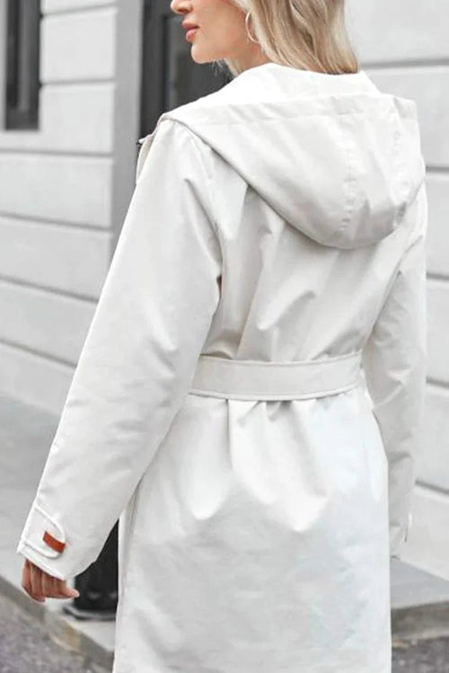 Back view of a white water-resistant windbreaker trench jacket with a hood and belt