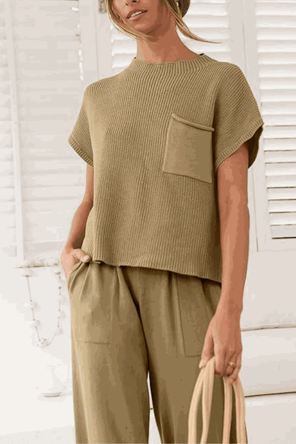 Comfy Couture Knit Sweater two-piece set with knit pullover and high-waisted pants in neutral beige tones.