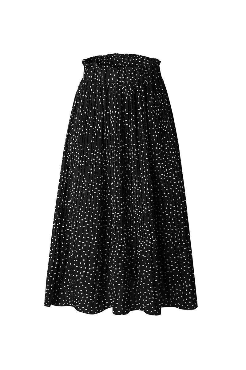 Effortlessly Chic Polka Dot Pleated Skirt in black with white dots, high-waist midi length, flowy pleats.