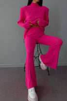 Timeless Striped Two-Piece bright pink ribbed knitwear set with high neck sweater and flared pants