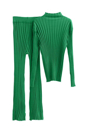 Timeless Striped Two-Piece green knitwear set with ribbed texture, long sleeves, and cozy polyester fabric