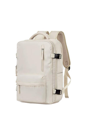 Chic Wanderlust Waterproof Backpack in beige with multiple compartments and ergonomic straps, designed for stylish and durable travel use.
