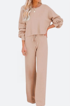 beige round neck loose fit cozy two-piece set with long sleeves and drawstring pants