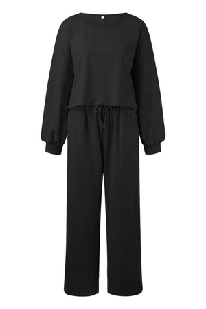 Black round neck loose fit cozy two-piece set with long sleeves and wide-leg pants