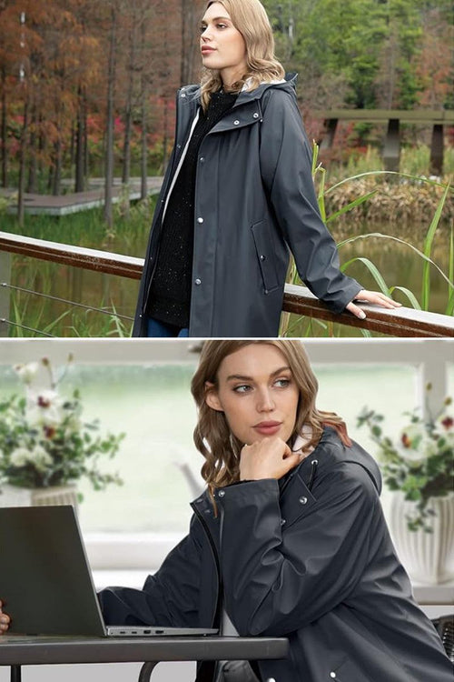 Lightweight ultra water-resistant long windbreaker jacket for women with hood and slim fit design