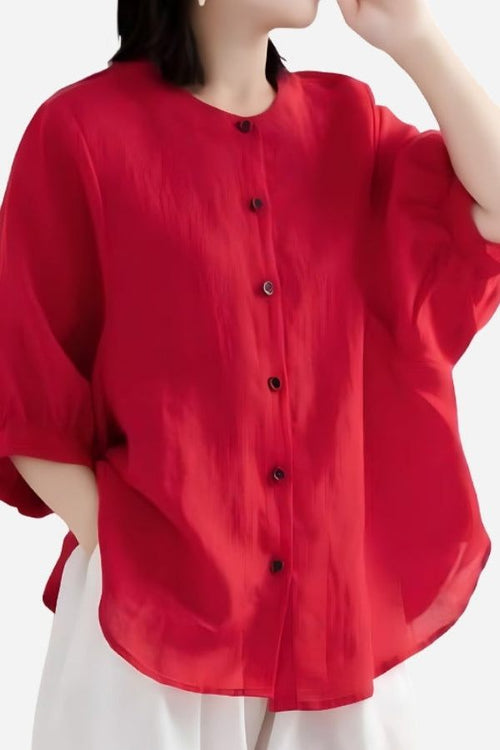 Relaxed loose breathable linen red blouse with button front and three-quarter sleeves