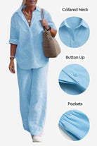 Woman wearing relaxed shirt and trousers two-piece set in light blue with collared neck, button-up front, and pockets.
