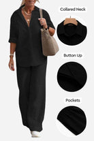 Relaxed black shirt and trousers two-piece set with collared neck, button-up front, and pockets, styled for casual comfort and everyday wear.