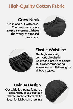 Comfy linen-like shirt and shorts two-piece set with crew neck, elastic waistline, and wide-leg loose design in breathable cotton fabric