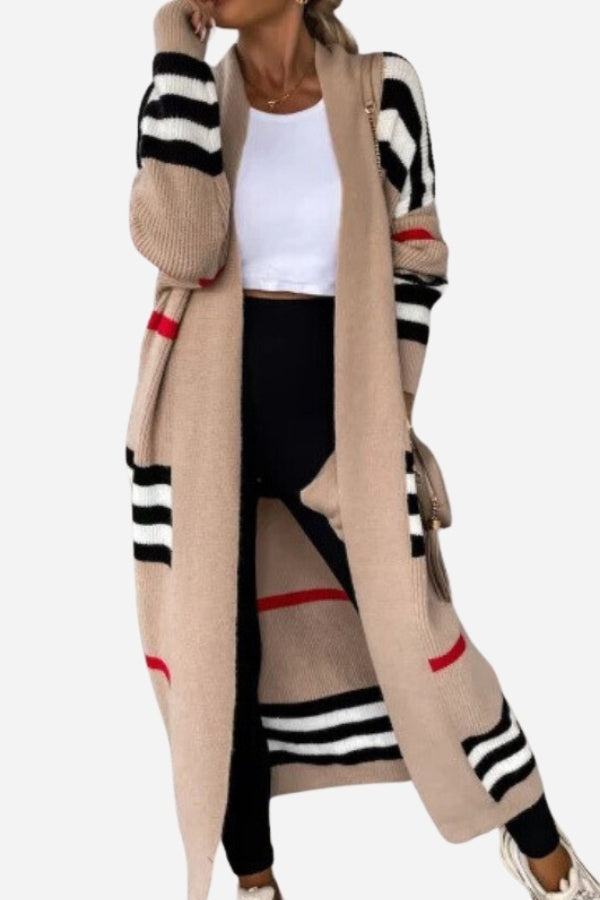 Cozy striped long knitted cardigan with oversized fit and soft fabric for warmth and style