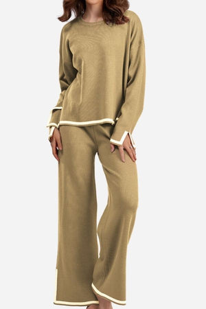 Long sleeved relaxed fit lounge two-piece set with wide-leg palazzo pants in beige