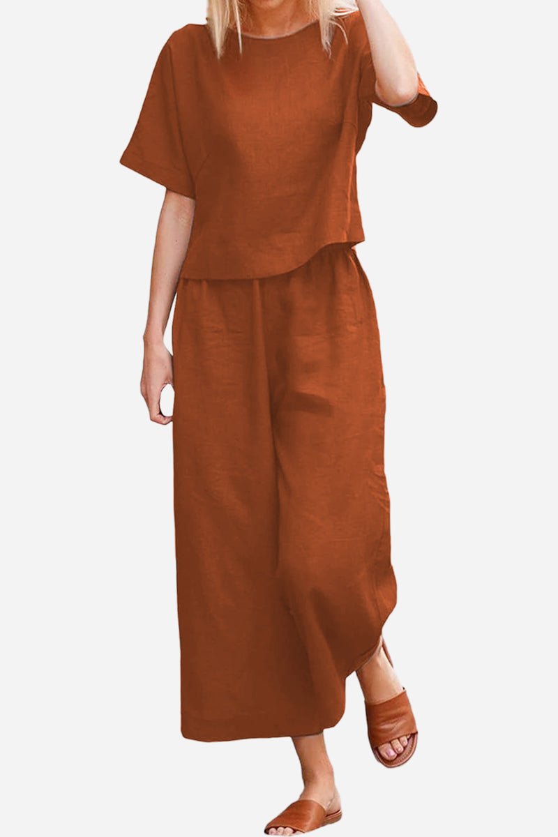 Women’s rust brown loose fit co-ord set with boxy short-sleeve top and wide-leg trousers