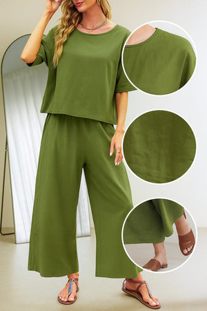 Olive green loose fit co-ord set with short-sleeve top and wide-leg pants in breathable fabric for casual comfort