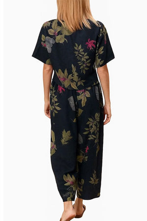 Back view of woman wearing floral loose fit co-ord set with wide-leg pants and short-sleeve top