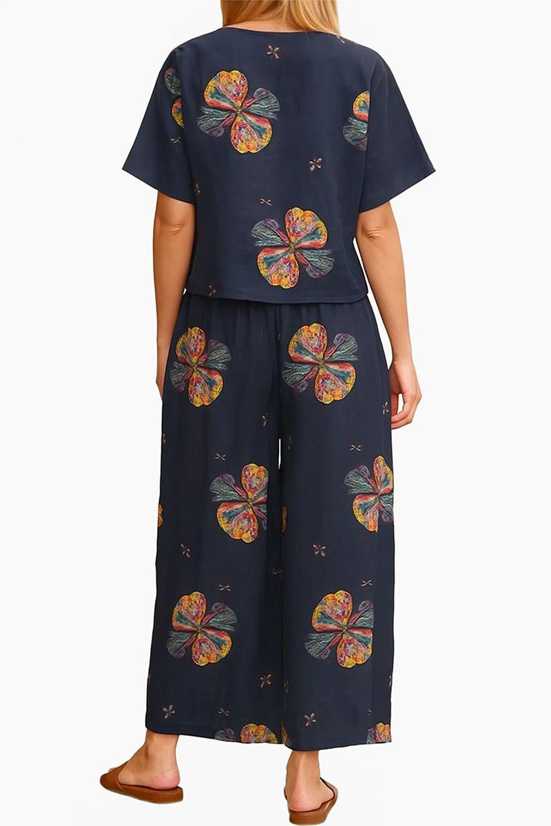 Women's navy floral loose fit co-ord set with wide-leg pants and relaxed short-sleeve top