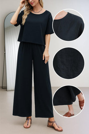 Black loose fit co-ord set with wide-leg pants and short sleeve top in breathable soft fabric