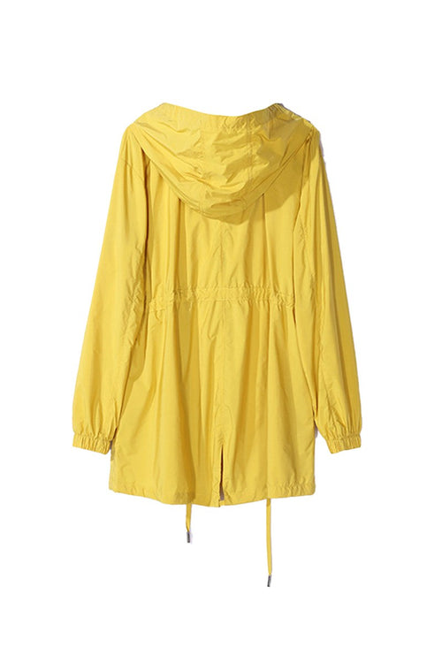 Yellow travel ready outdoor raincoat windbreaker with hood and elastic waist back view