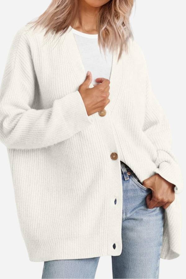 Relaxed fit oversized white button-down knitwear cardigan with lightweight cozy fabric