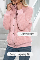 Cozy long sleeve pink sherpa jacket with lightweight, body-hugging fit and warm fleece interior