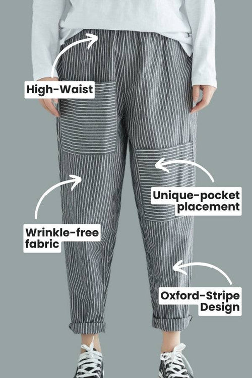 High waist striped pants with wrinkle-free fabric, unique pocket placement, and Oxford-stripe design.