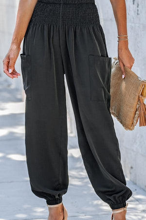 Boho Dreamer High-Waist elastic black jogger pants with pockets and cinched ankles for comfort and style