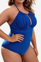 Curvy Comfort Plus Size blue one-piece swimsuit with ruched bust and supportive halter neck design