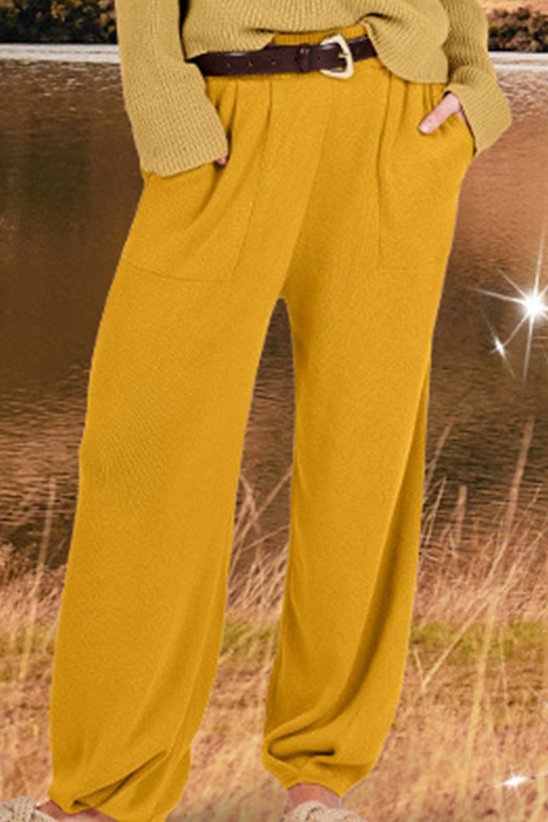 Yellow relaxed knit trousers styled for European minimalism fashion