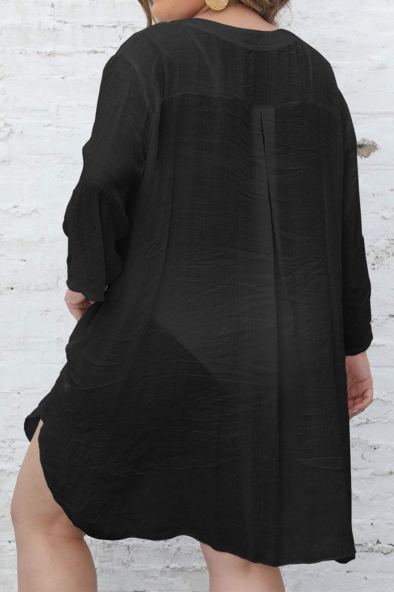 Black airy V-neck tunic with 3/4 sleeves and asymmetrical hem, loose fit from back view